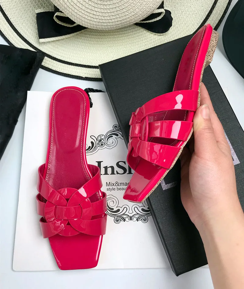 Rose red Женские шлепанцы из натуральной кожи, летние пляжные сандалии, модные уличные шлепанцы, домашние Вьетнамки, sandalias mujer - Цвет: Rose red
