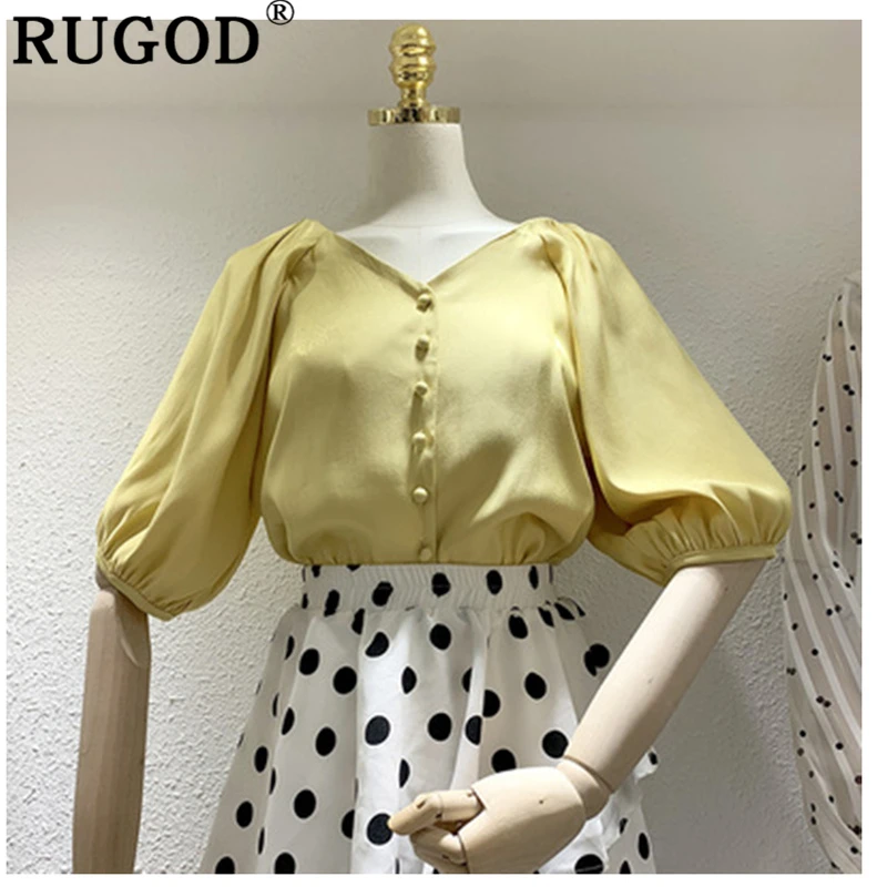 RUGOD шелковистые женские блузки с коротким рукавом и v образным вырезом