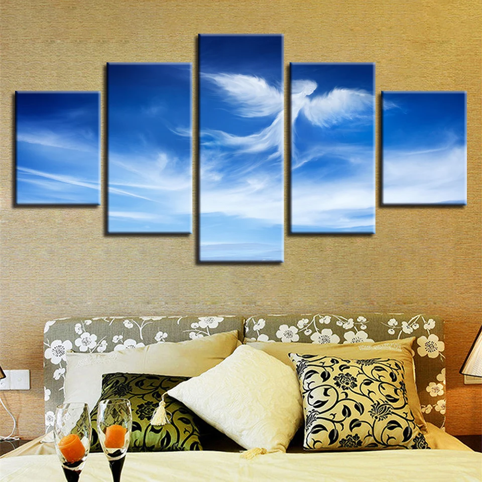 

Pictures HD Printed Decoration Modern Wall 5 Pieces Blue Sky Angel Cloud Shape Scenery Canvas Paintings Art Modular Poster Frame