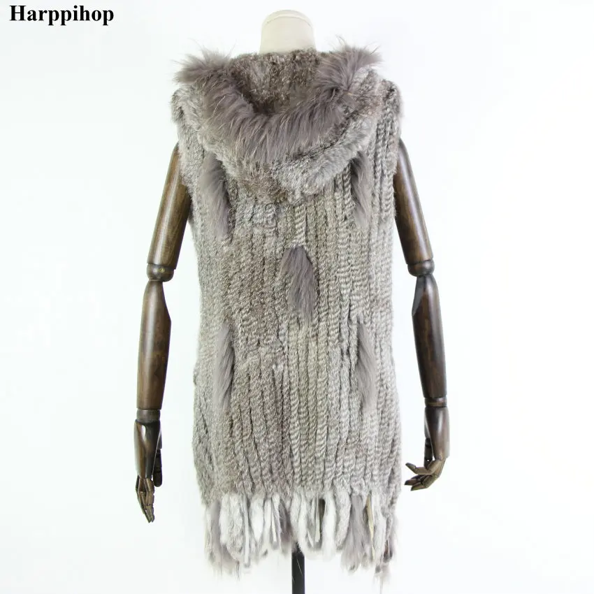 Women New Genuine Rabbit Fur Vest With Hood Fashion Raccoon Fur Collar Waistcoats Warm Natural Fur Long Gilet
