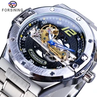 forsining golden bridge mechanical watch men blue hand automatic transparent case stainless steel strap fashion lover gift clock