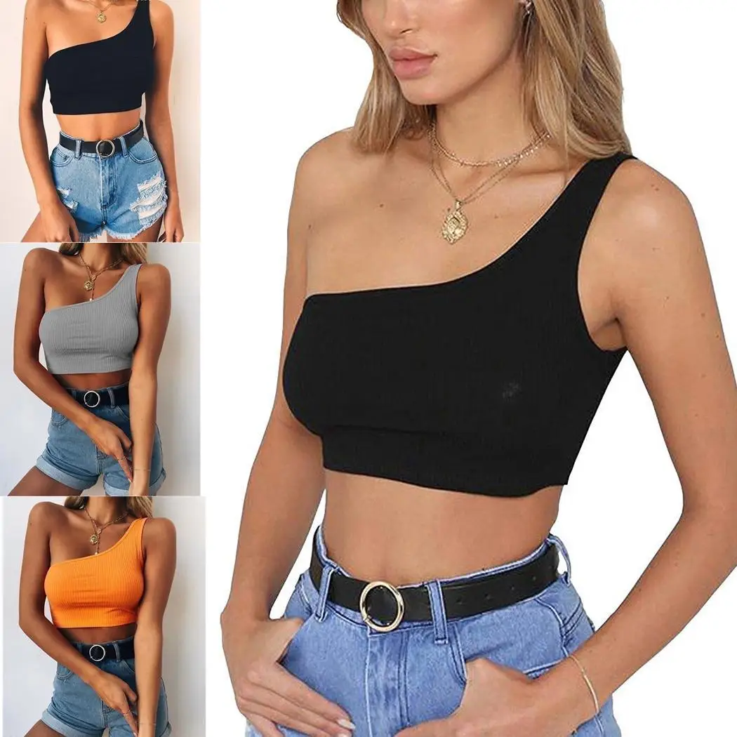 Женские Модные топы без рукавов на одно плечо повседневный летний топ черного