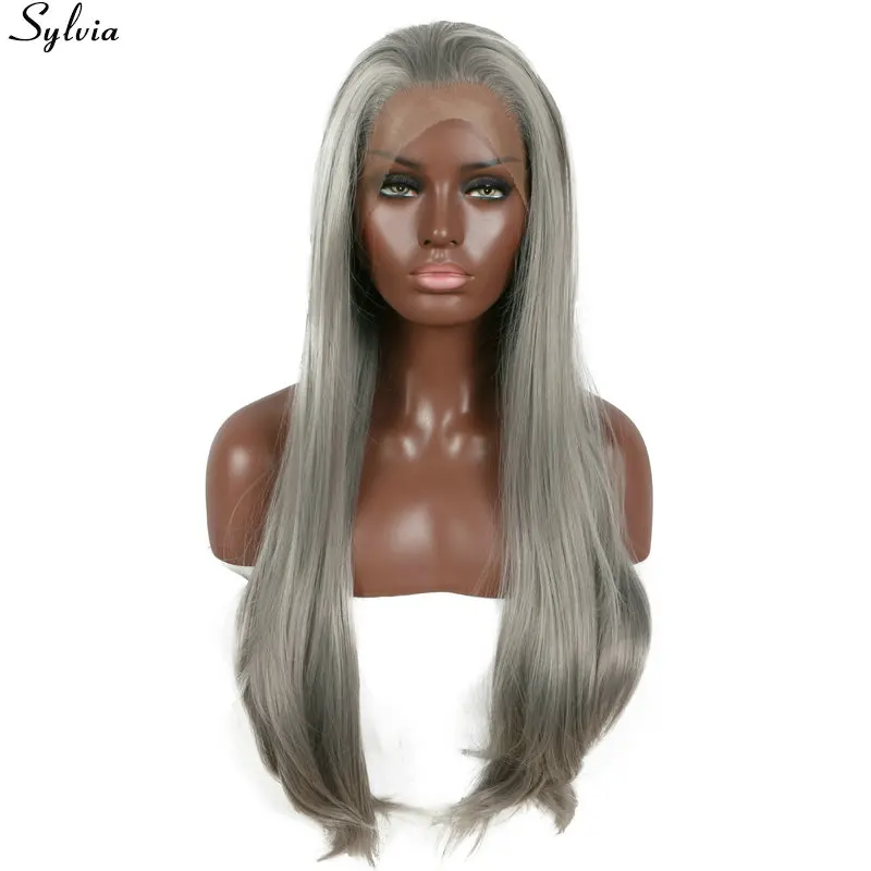 Длинный серый синтетический кружевной передний парик серебристо мягкий