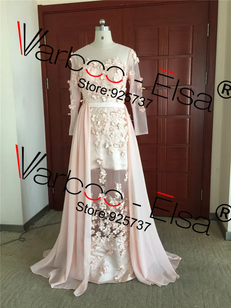 New Saudi Arabia Evening Dress Chiffon Lace Applique Sash Long Sleeves Sheath myriam fares Celebrity Dresses | Свадьбы и торжества