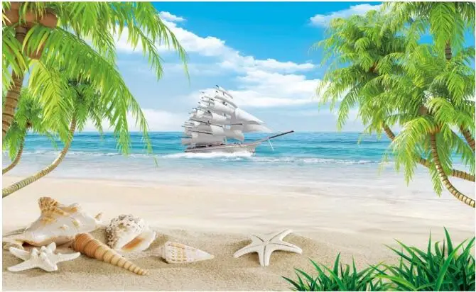 

3d wallpaper custom mural non-woven wall sticker 3 d Sail sea shell beach coconut trees painting photo 3d wall murals wallpaper