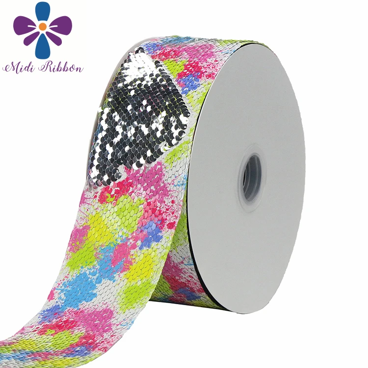 

3"75mm Rainbow Waves Stripes Printed Double Reversible Silver&Gold Sequin Ribbon DIY Hair Bowknots Party Decor 46yards