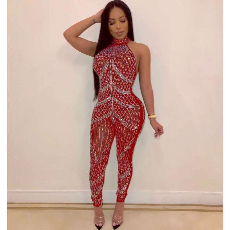 

Hot Rhinestone Women Halter Club Jumpsuits Low Backless Women Bodysuits