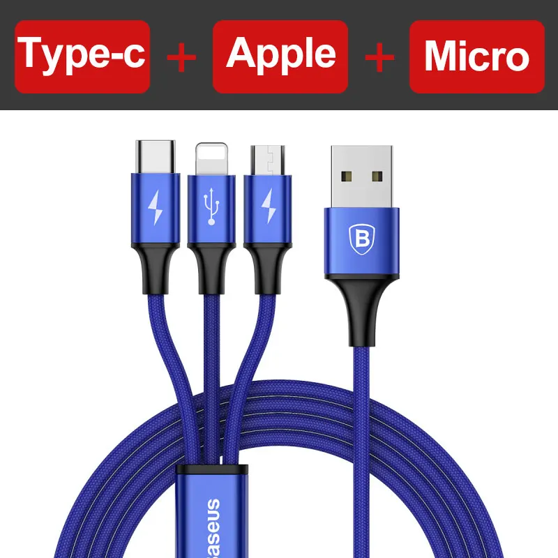 3 in 1 Blue Baseus 3 в 1 USB кабель для iPhone samsung Xiaomi мульти Быстрая зарядка микро USB кабель 2 в 1 мобильный телефон usb type C кабель - Цвет: 3 in 1 Blue