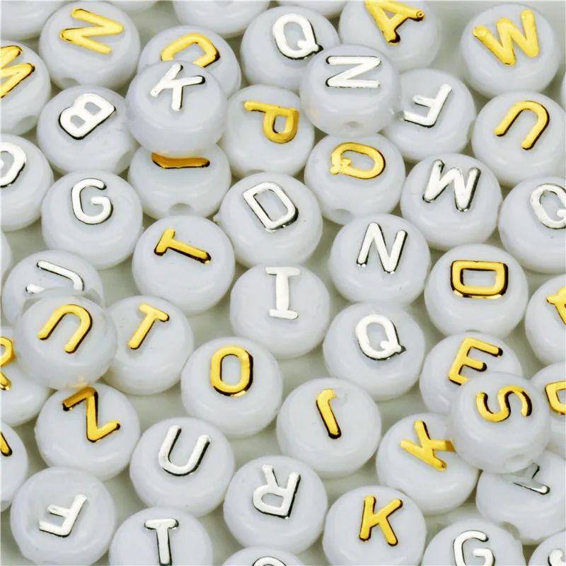 

100PCS Mixed Alphabet Letter Beads White Acrylic Beads With Gold Letter For Jewelry Making 10mm Spacer Beads For Needlework