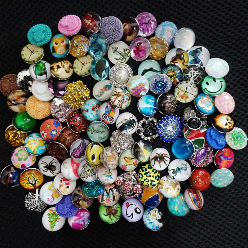 

50 Pcs/lot Many Styles Mix Metal Alloy Glass Dome Cabochon Plastic Resin 18mm Snap Buttons Jewelry Findings