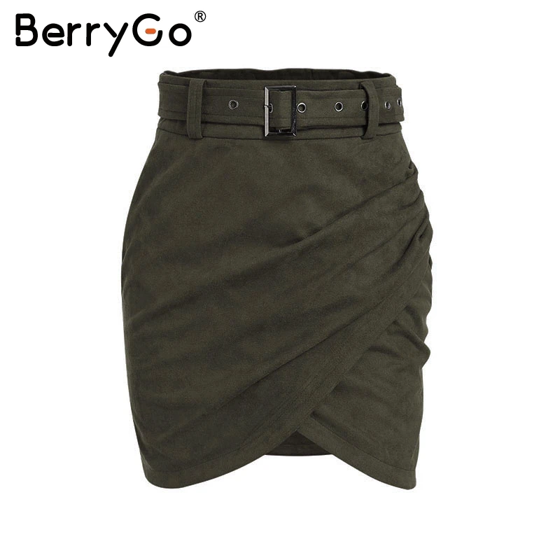 BerryGo, замшевая кожаная юбка с высокой талией, Женская осенне-зимняя Асимметричная облегающая мини-юбка, сексуальная уличная Женская юбка