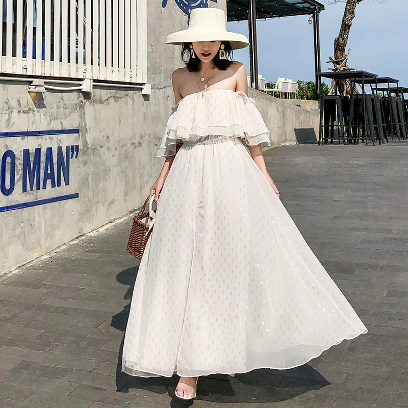Женское платье модные летние элегантный тонкий Bodycon Повседневные, пляжные, на вечеринку для подиума пикантные с плеча без бретелек белое платье Макси