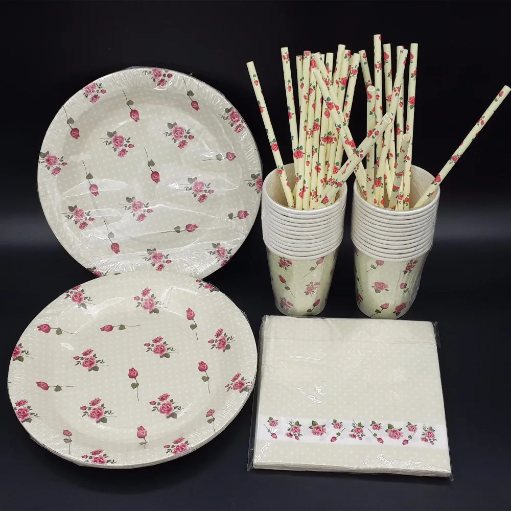 Pink purple Tableware Party paper plate cups napkins straw Boy baby shower wedding decoration |