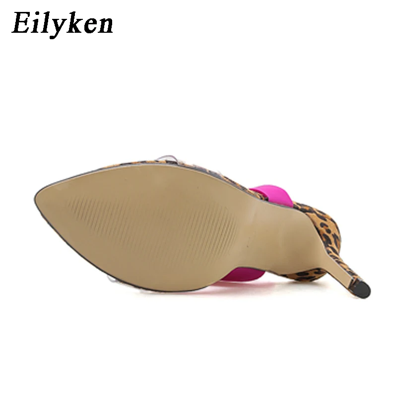 Eilyken/женские босоножки с леопардовым принтом; женские вечерние босоножки из ПВХ на высоком каблуке-шпильке с открытым носком и эластичной лентой; модельные туфли-лодочки