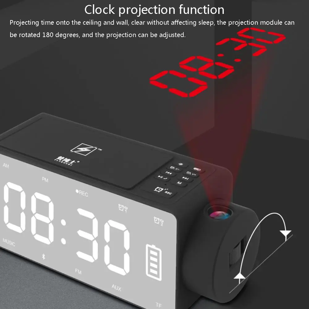 Charging Projection Digital Clock Wireless Bluetooth Speaker LED Large Screen Alarm Snooze FM DIY Music Clocks US Plug | Электроника