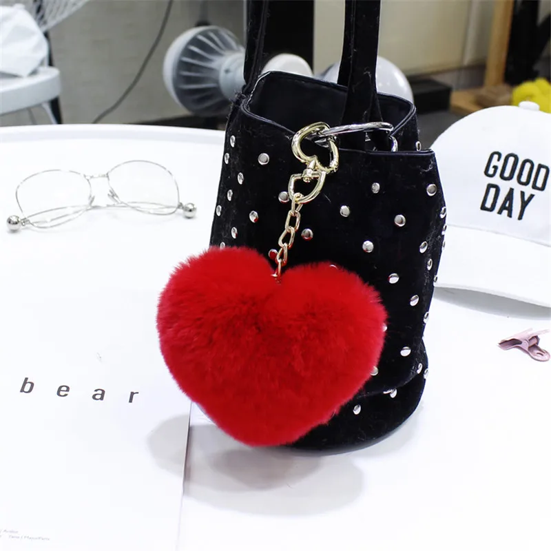 Women's Fashion Cute Fluffy Heart Keychains Pom Poms Rex Rabbit Fur Key Chains Girl Bag Hang Car Ring Jewelry Accessories | Украшения и