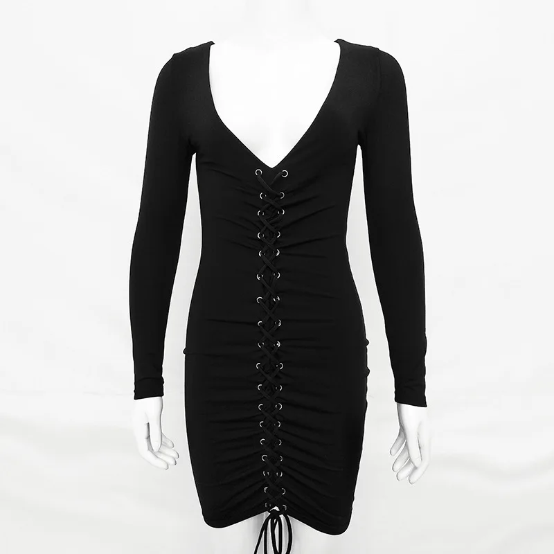 2018 Новый осень-зима Для женщин на шнуровке платье пикантные Strappy-Front Bodycon Клубная