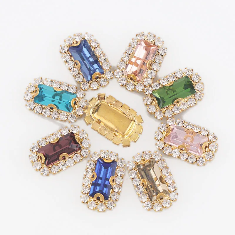 Прямоугольная багета Золотая основа пришивная с красочным стеклом и камнем