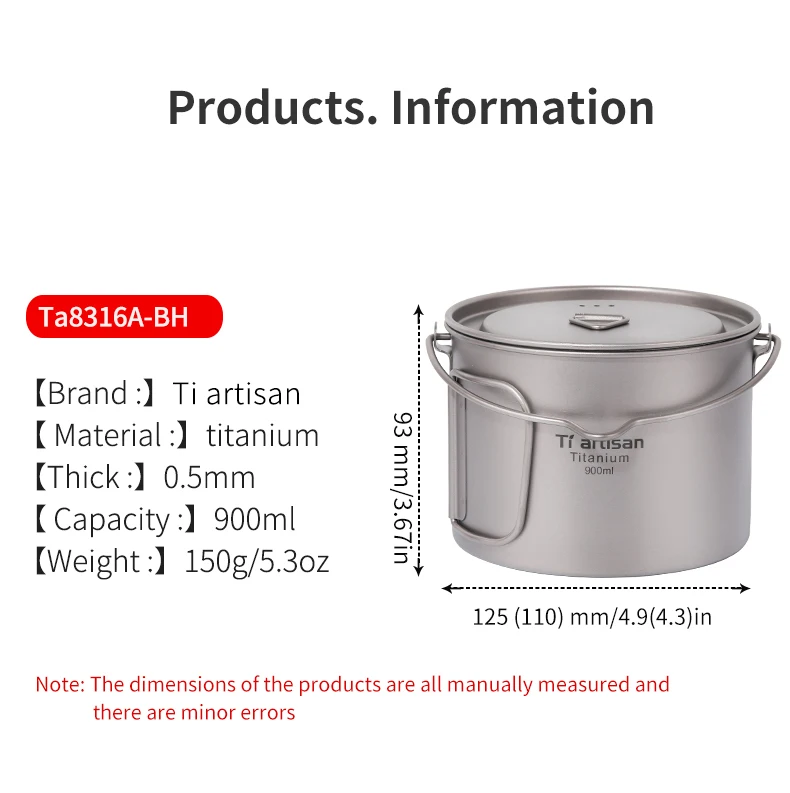 Tiartisan 900 мл чистый титановый горшок с ручкой под поручень для походов на открытом воздухе Ультралегкая посуда для пикника с крышкой