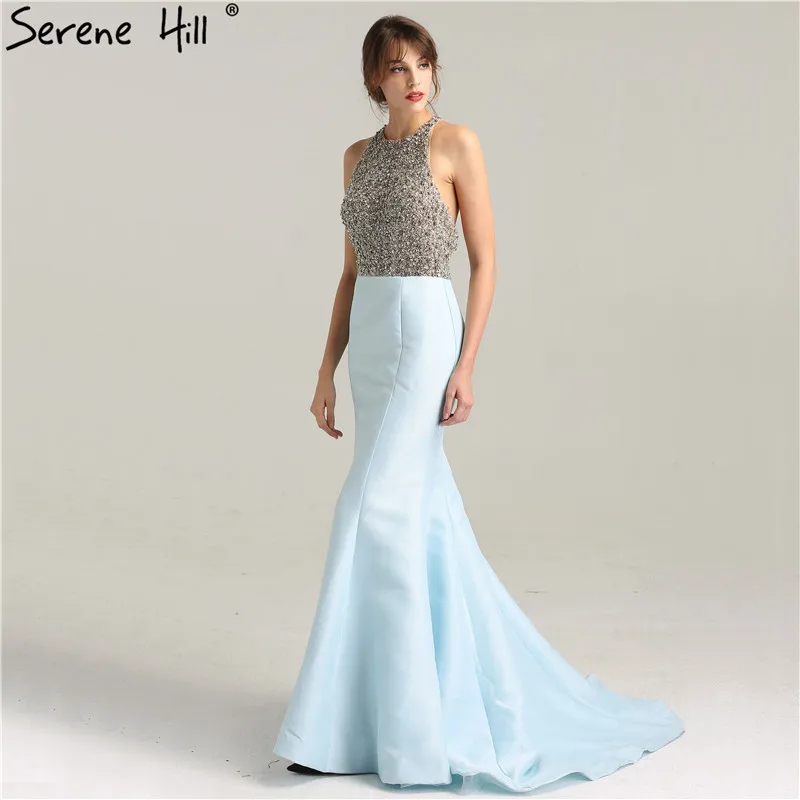 Без рукавов роскошное бисер Кристалл элегантное вечернее платье Небесно голубая