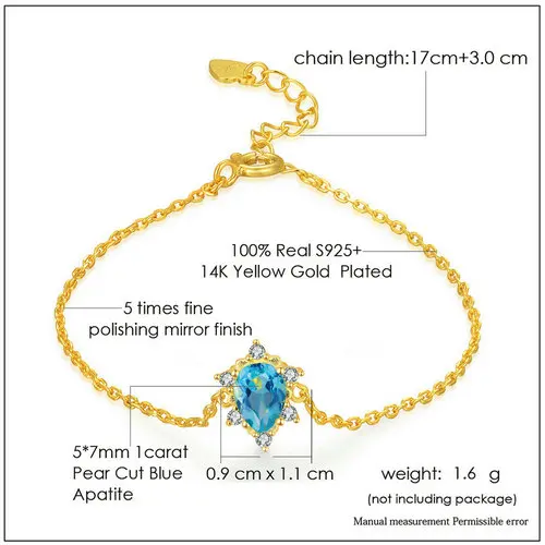LAMOON 5x7 мм 1.6ct натуральный груша Синий Апатит 925 стерлингового серебра ювелирные изделия браслет-цепочка LMHI043