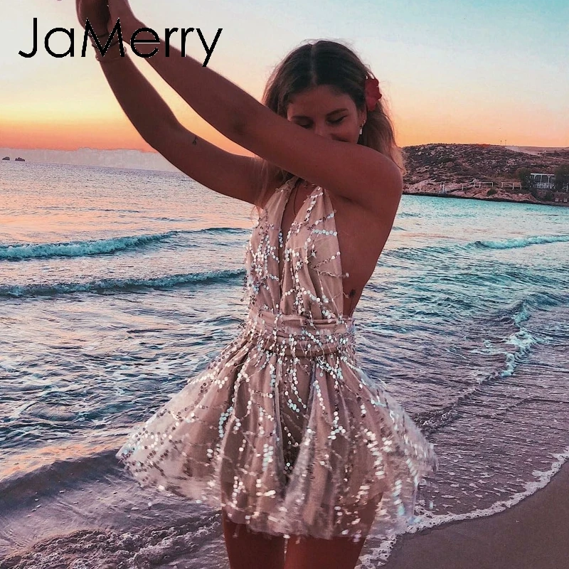 Пикантный сетчатый женский комбинезон JaMerry с открытой спиной и блестками
