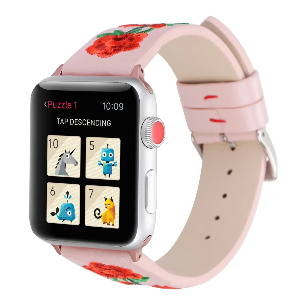 Ремешок с вышивкой розы для apple watch series 4 3 2 сменный Браслет из мягкой кожи iwatch