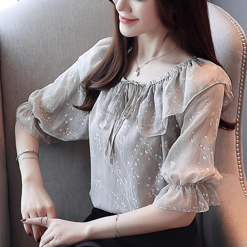 Plus Size Tops Women Long Sleeve Shirts and Blouses Slash Neck Floral Bow Blouse 3535 50 | Женская одежда
