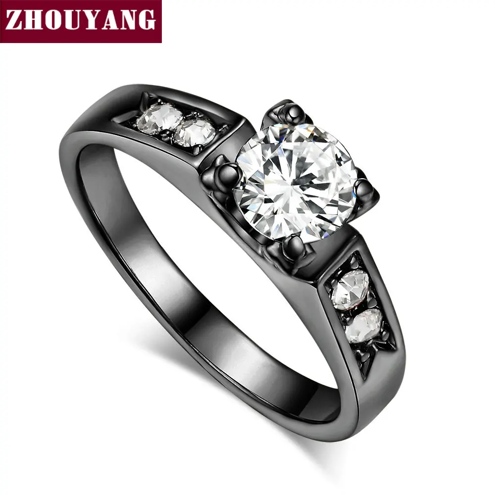 BlackGold Clear ZHOUYANG обручальное кольцо для женщин, классическое 6 мм зубчатое кольцо с кубическим цирконием, обручальное модное ювелирное изделие, подарок на день рождения R051 R052 - Цвет основного камня: BlackGold Clear