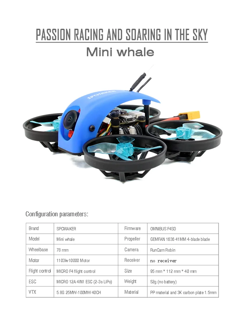 1 шт. SPCMAKER Mini Whale FPV гоночный Радиоуправляемый Дрон ультра светильник маленький 78 мм 1080P HD карта Запись HD 2-S RunCam ROBIN камера парящая