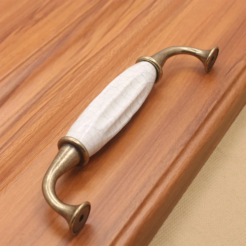 White Crack Ceramic Door Handles European Cabinet Drawer Handle Cupboard Kitchen Pull Vintage Bronze Knobs 128mm/Single Hole |