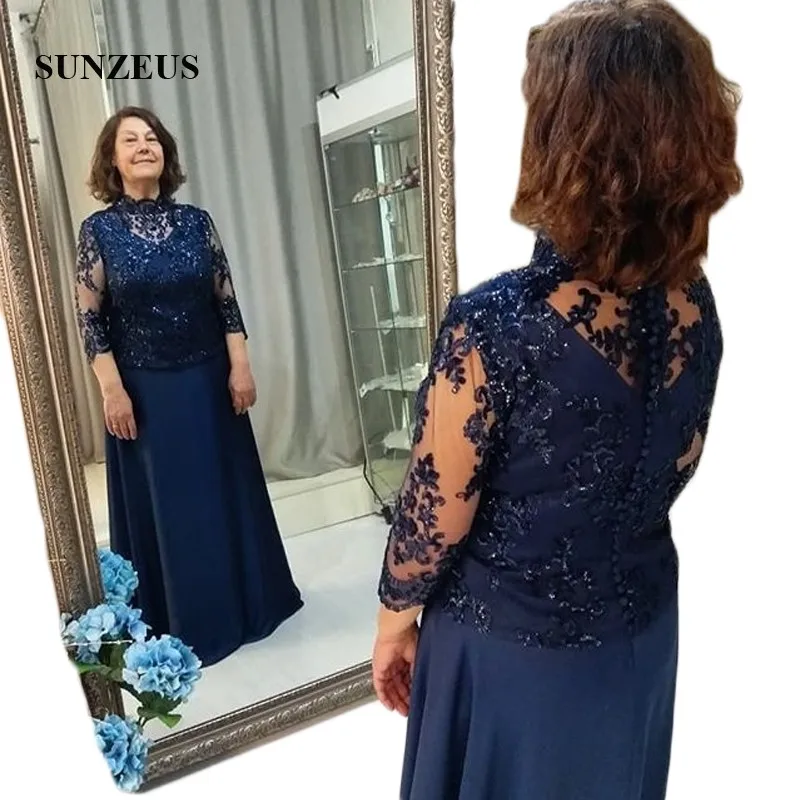 

Navy Blue Chiffon Groom Mother Dresses Plus Size A-Line Mother of the Bride Dress with Wraps Formal Dress for Women SMD71