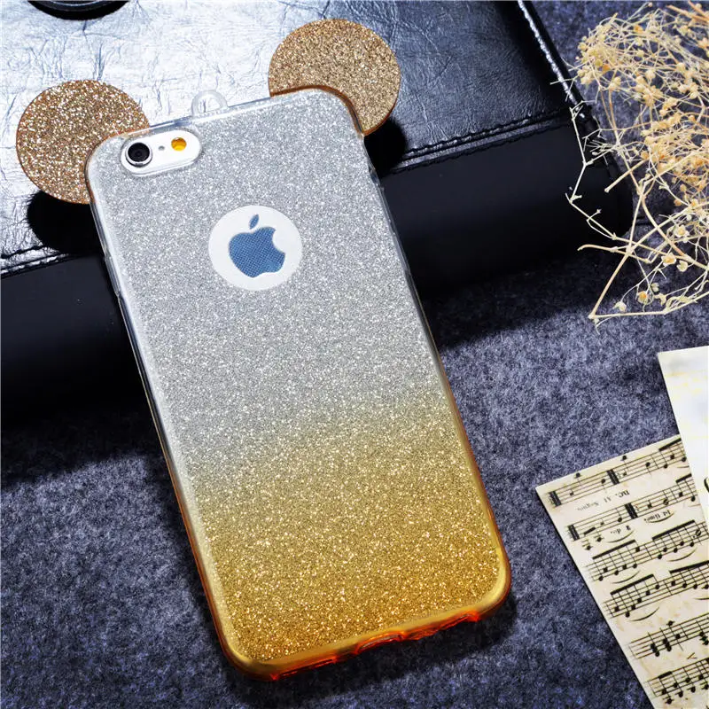 Shiny Soft TPU Phone Case For iPhone 6 6S 6Plus 6sPlus Cute 3D Mouse Ears Glitter Powder Gradient Colors Back Cover Hang Rope |
