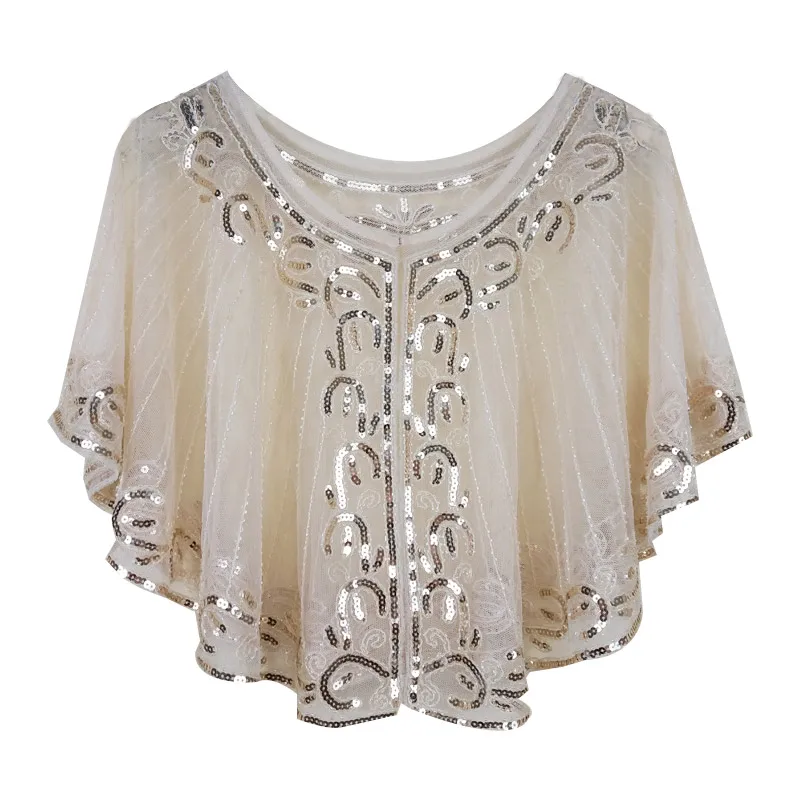 Beige Capelet Винтажная Женская шаль 1920 s с воланами, накидка с пайетками, вечерняя накидка - Цвет: Beige Capelet