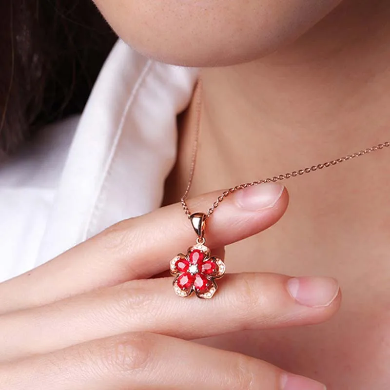 Plum Blossom Cherry Wintersweet Flowers Rose Gold Color Fashion Pendant Necklace Made with Five Petal Red Austria Crystal Wholes | Украшения