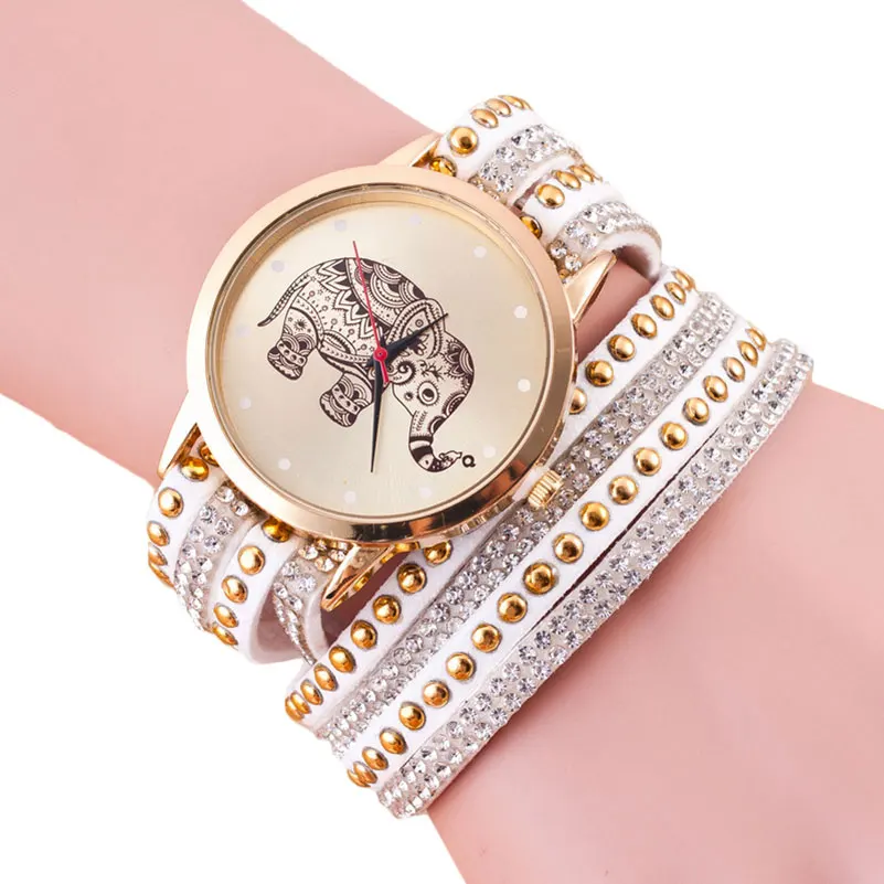 Женские часы бурение Кашемир Длинные Ремни около 3 круг дамы золотой слон долго