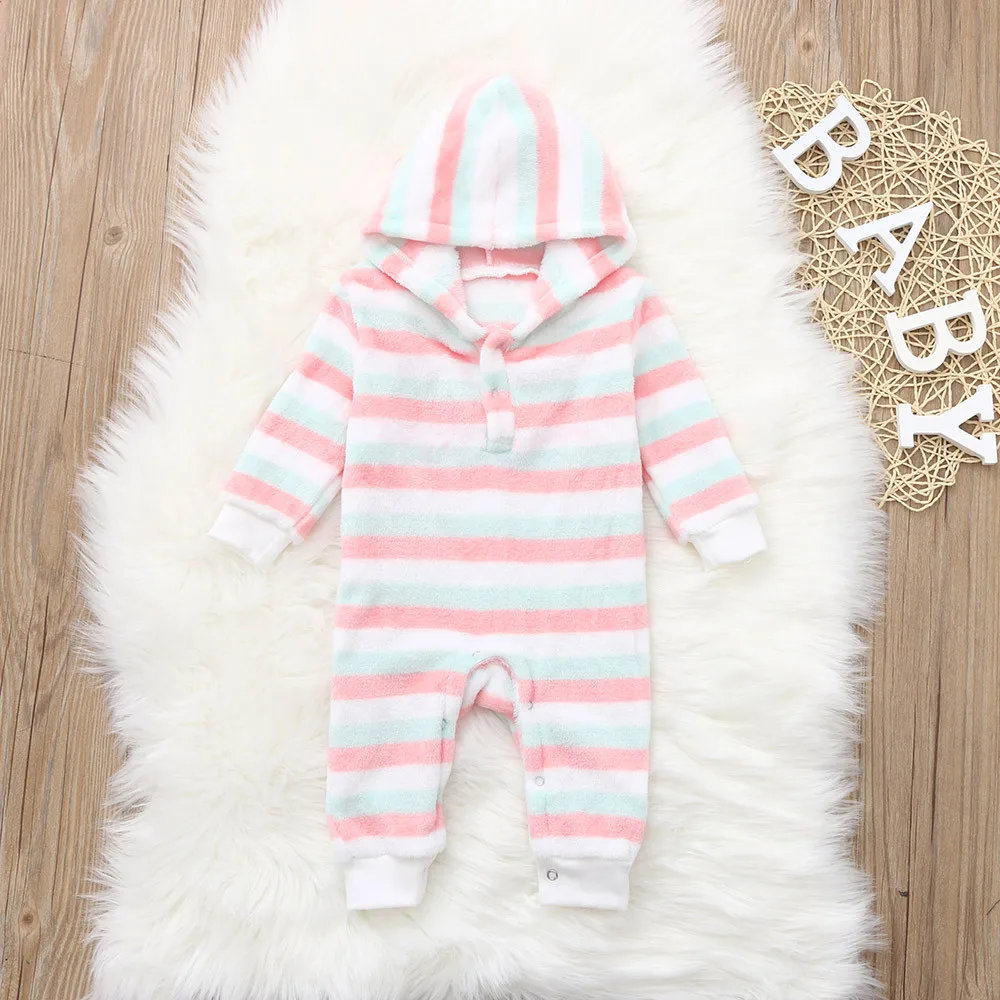 Baby Rompers Newborn winter Overall Boy Girl Colourful Striped Hooded Romper Jumpsuit new born baby clothes Kids Costume | Детская