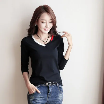 Белая футболка с v образным вырезом и длинными рукавами Женская хлопковая