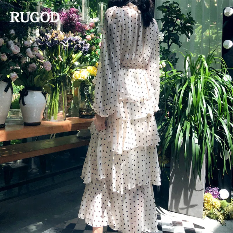 RUGOD Платье макси с рюшами, элегантное платье в горошек с длинными рукавами, Топ для женщин, белые платья Kawaii для свадебной вечеринки, милые женские платья