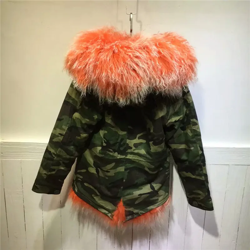 Thick warm winter women coats Mongolia Sheep Fur camouflage parka wool Mr Mrs orange with white lamb fur jacket | Женская одежда