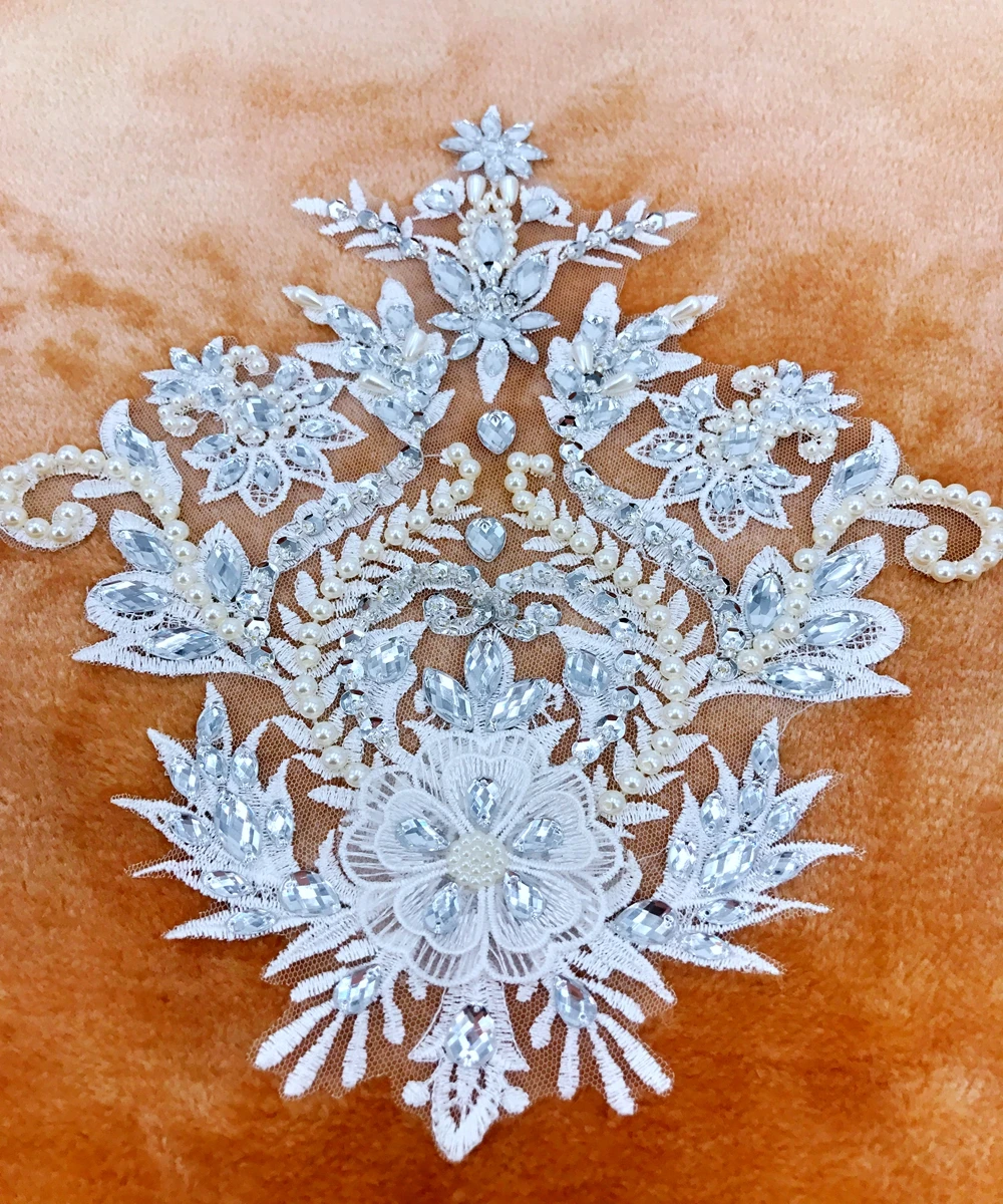 Кружевная аппликация ручной работы с блестками Стразы бисером цвета слоновой