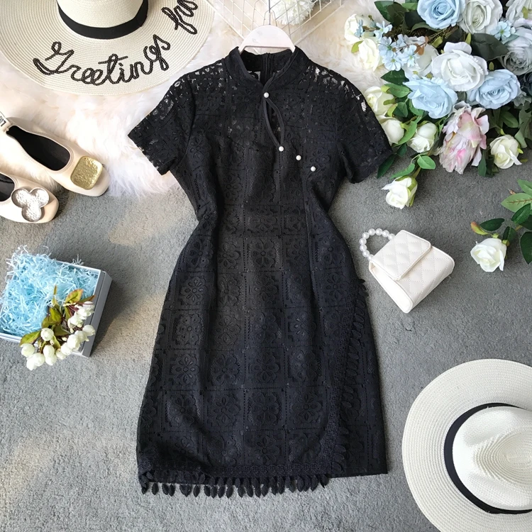 2019 новые модные женские платья летние бисерные Ретро полые пряжки cheongsam Стиль