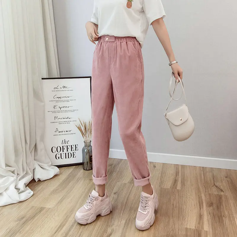 Pink Vangull, женские вельветовые штаны-шаровары, одноцветные, с высокой посадкой, свободные, повседневные, по щиколотку, брюки, Осенние, новые, с эластичной талией, Корейская версия штанов - Цвет: Pink
