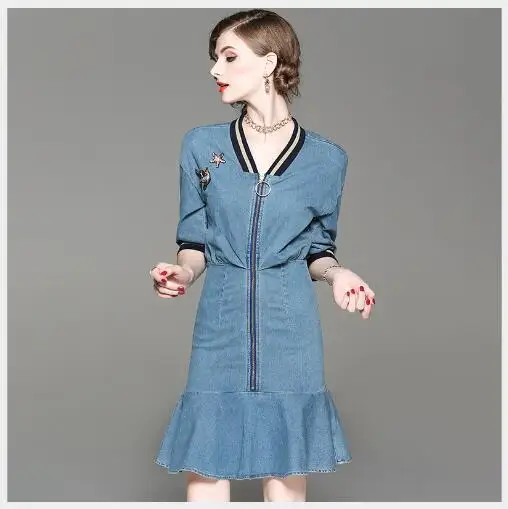 Женское платье 2018 новой осени модное облегающее из денима русалка для женщин повседневное платье с V-образным вырезом и короткими рукавами высокого качества.