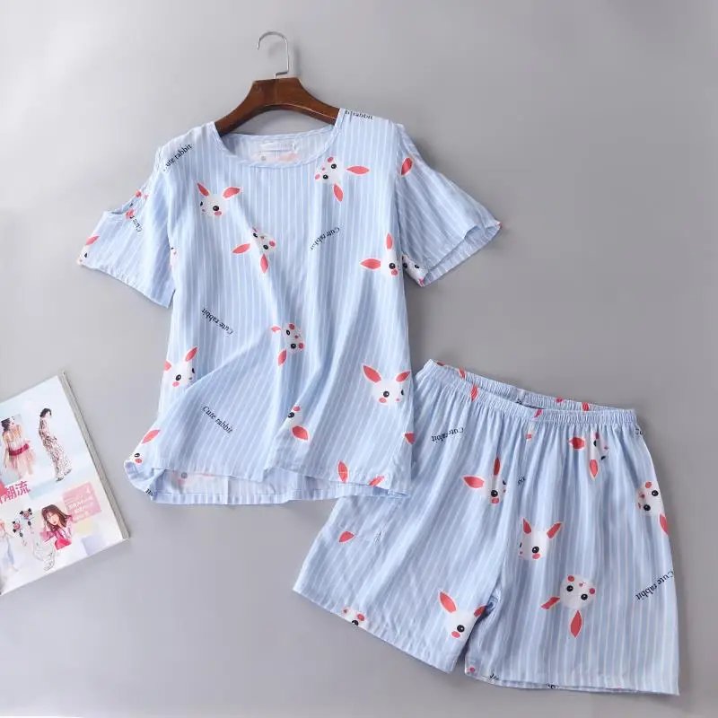 Пижама женская из хлопка и вискозы с коротким рукавом круглым вырезом | Женская