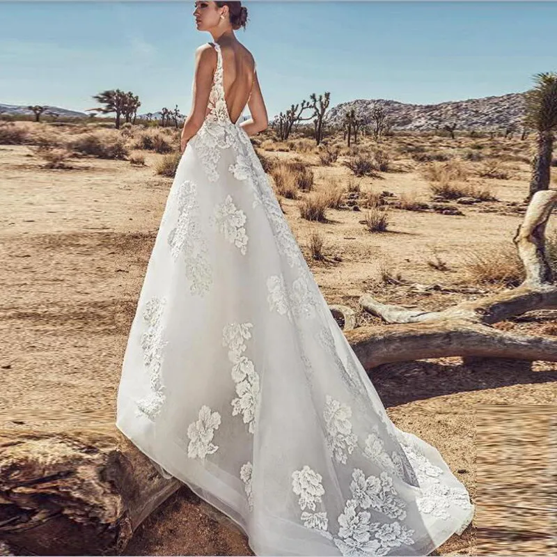 Vestido De Noiva сексуальные с открытой спиной А-силуэта Аппликация Свадебные Вечерние платья романтические Robe De Mariage v-образный вырез свадебное платье элегантное