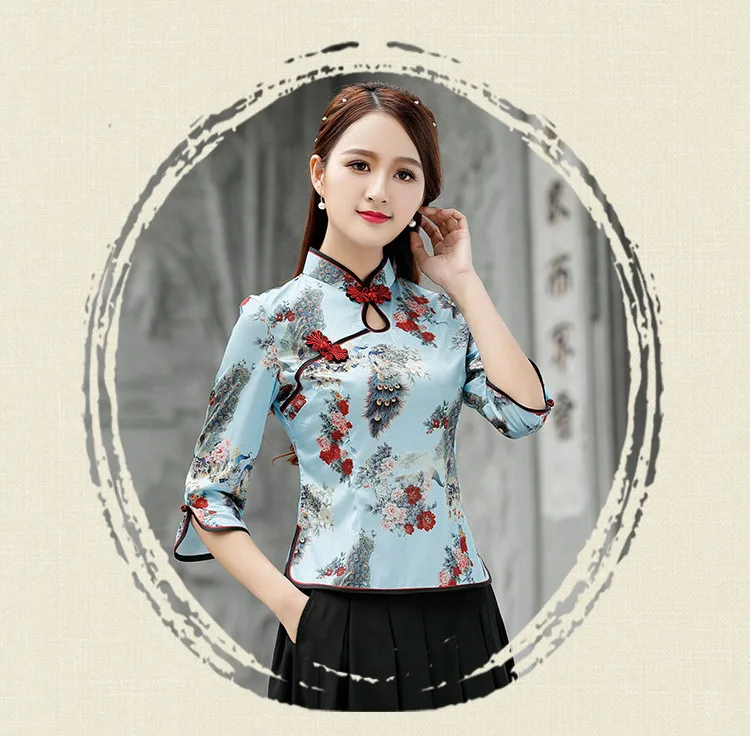 Китайская шелковая блуза Cheongsam, улучшенная винтажная шелковая рубашка Tang, Женский костюм с принтом, Vetement Chinois, Национальный костюм