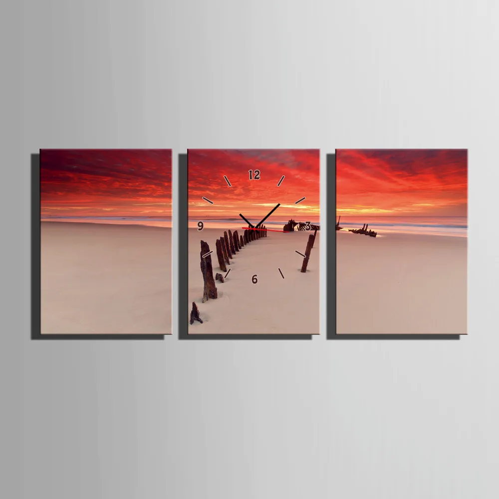 

Free Shipping E-HOME Beach Scene Clock in Canvas 3pcs wall clock 17121108