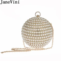 janevini new designer women evening bag pearls goldsilver beaded ball shoulder bag round handbag wedding party chain bag 2018