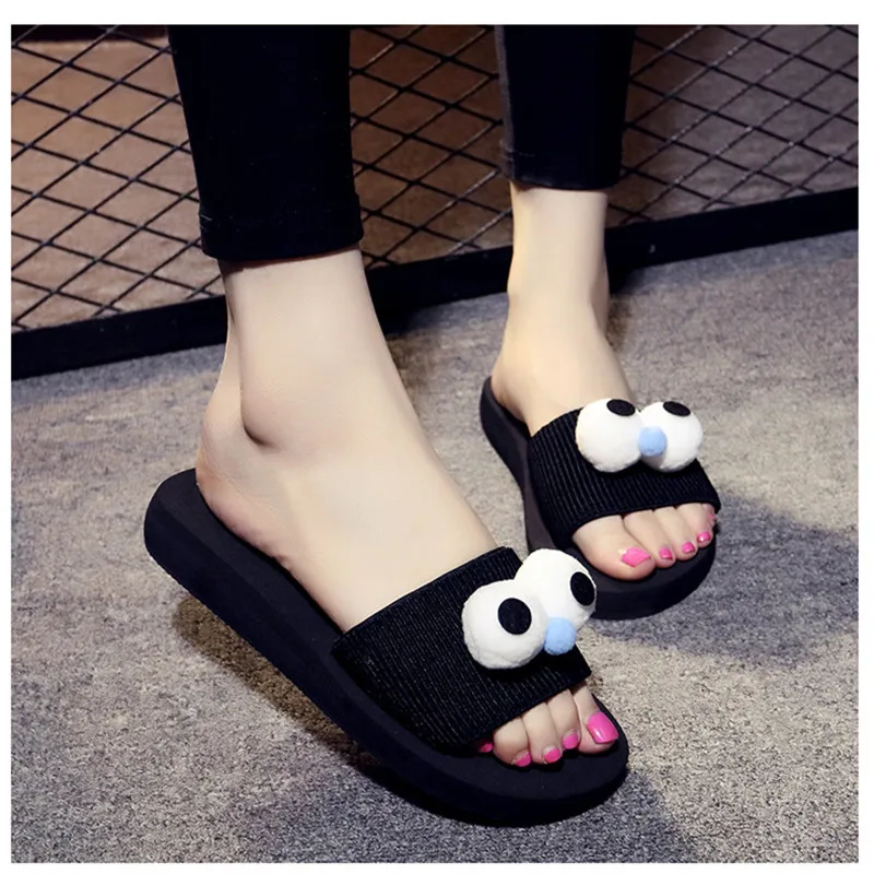 

XMISTUO Summer Women With Big Eyes Female Beach Handmade Carton Cute Open Toe Slippers Low-Heeled Slides Outside 7 Color 7141